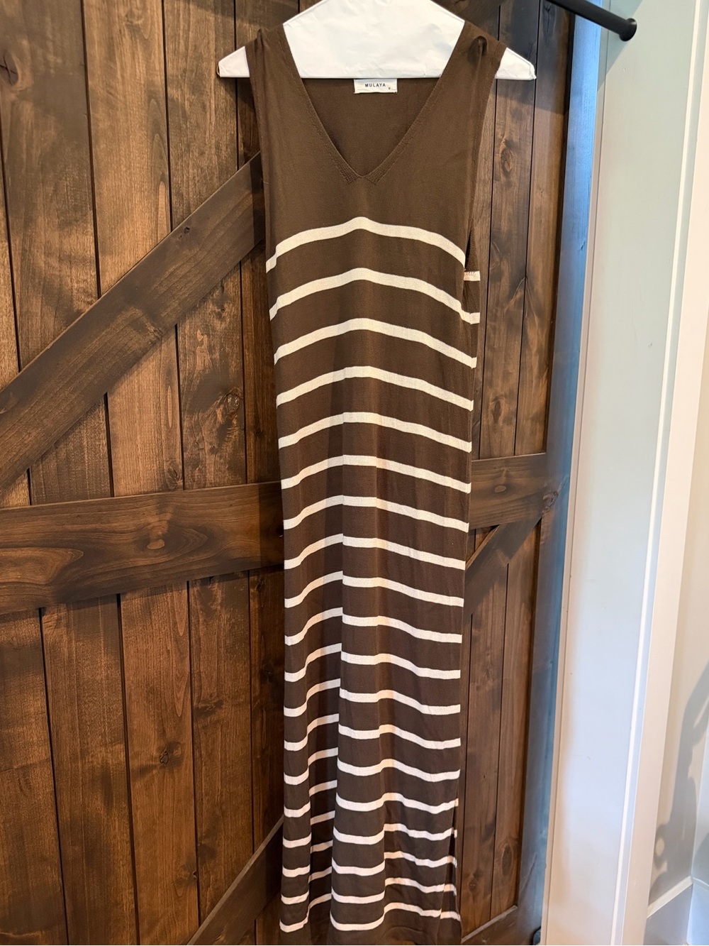 Sleeveless V-Neck Brown and Cream Striped Maxi Dress